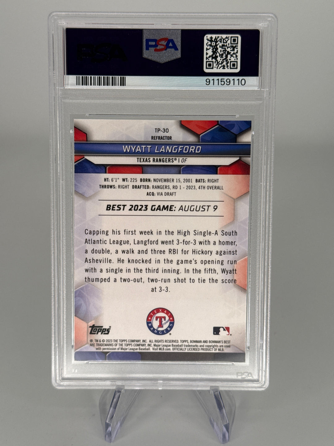 Wyatt Langford 2023 Bowman's Best Top Prospects Refractor, PSA 10 Gem Mint