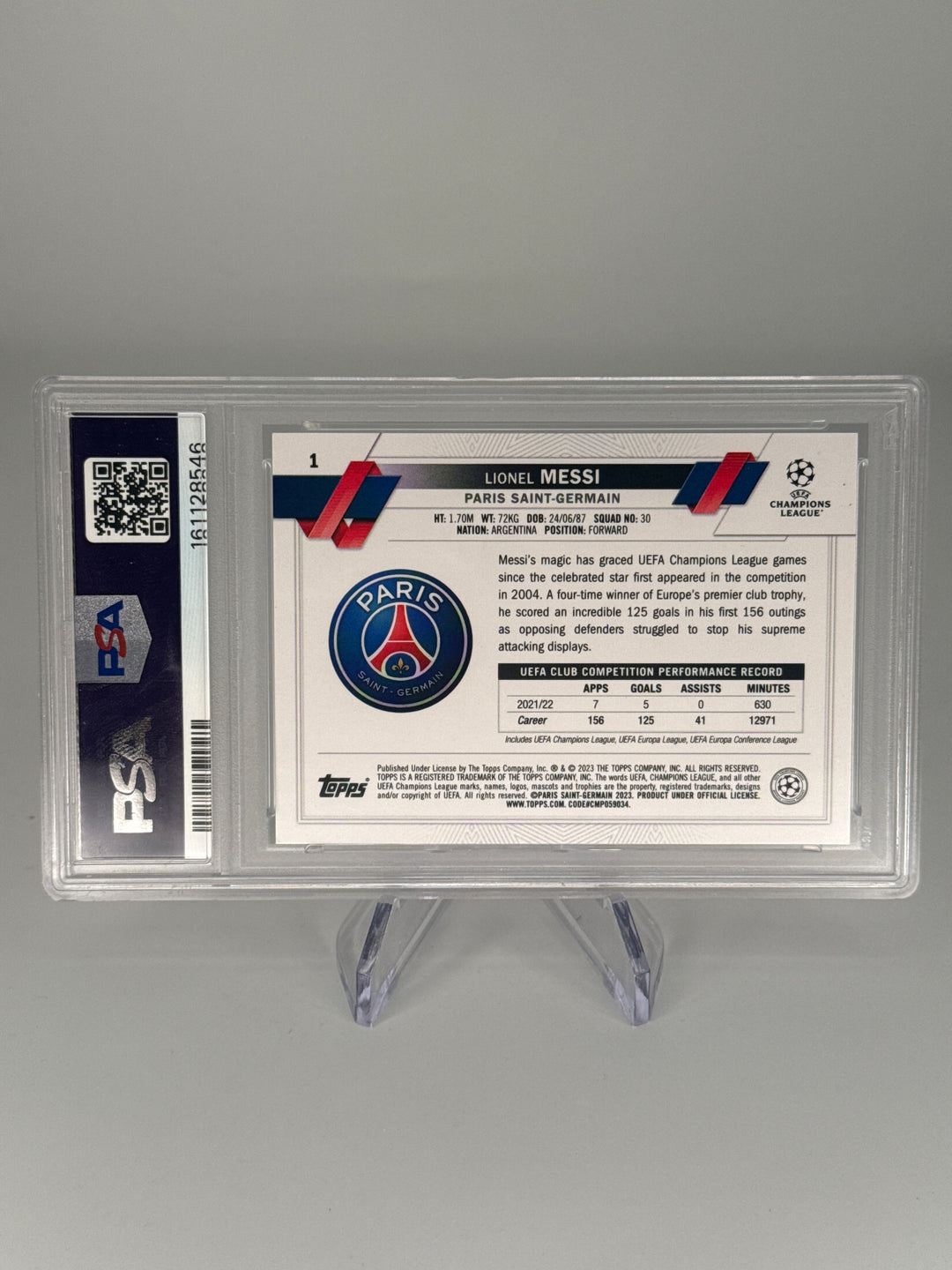 Lionel Messi 2022-2023 Topps UEFA Club Competitions Inerno Foil, PSA 10 Gem Mint