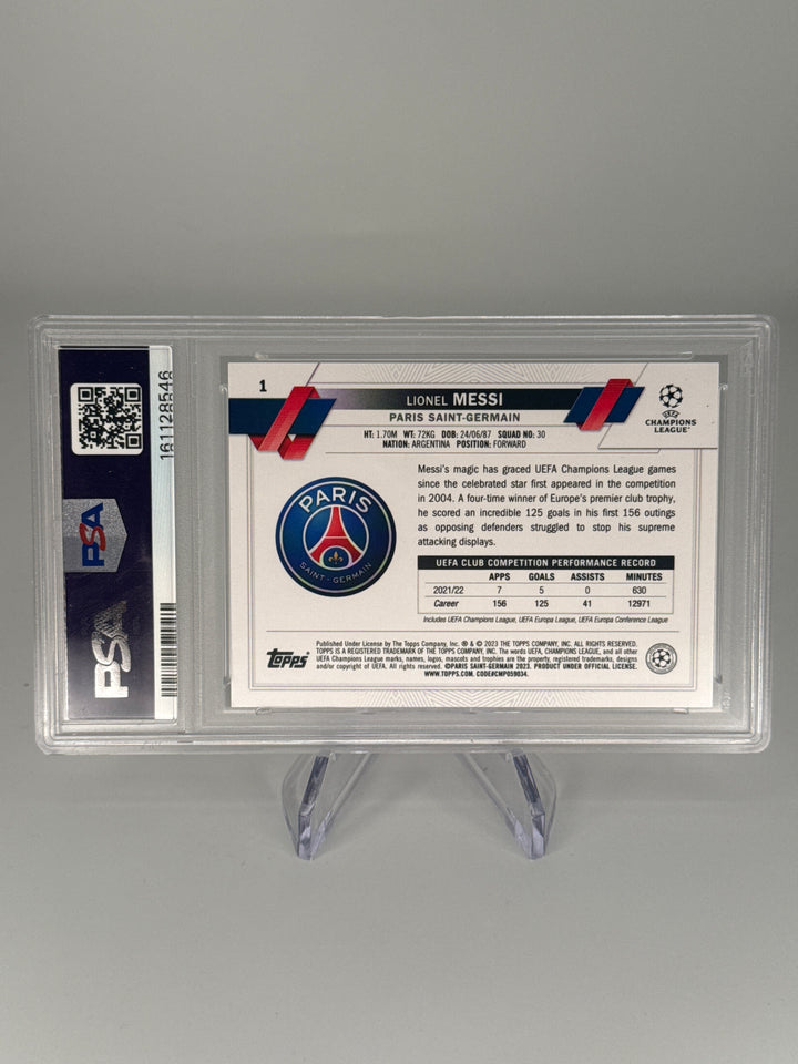 Lionel Messi 2022-2023 Topps UEFA Club Competitions Inerno Foil, PSA 10 Gem Mint