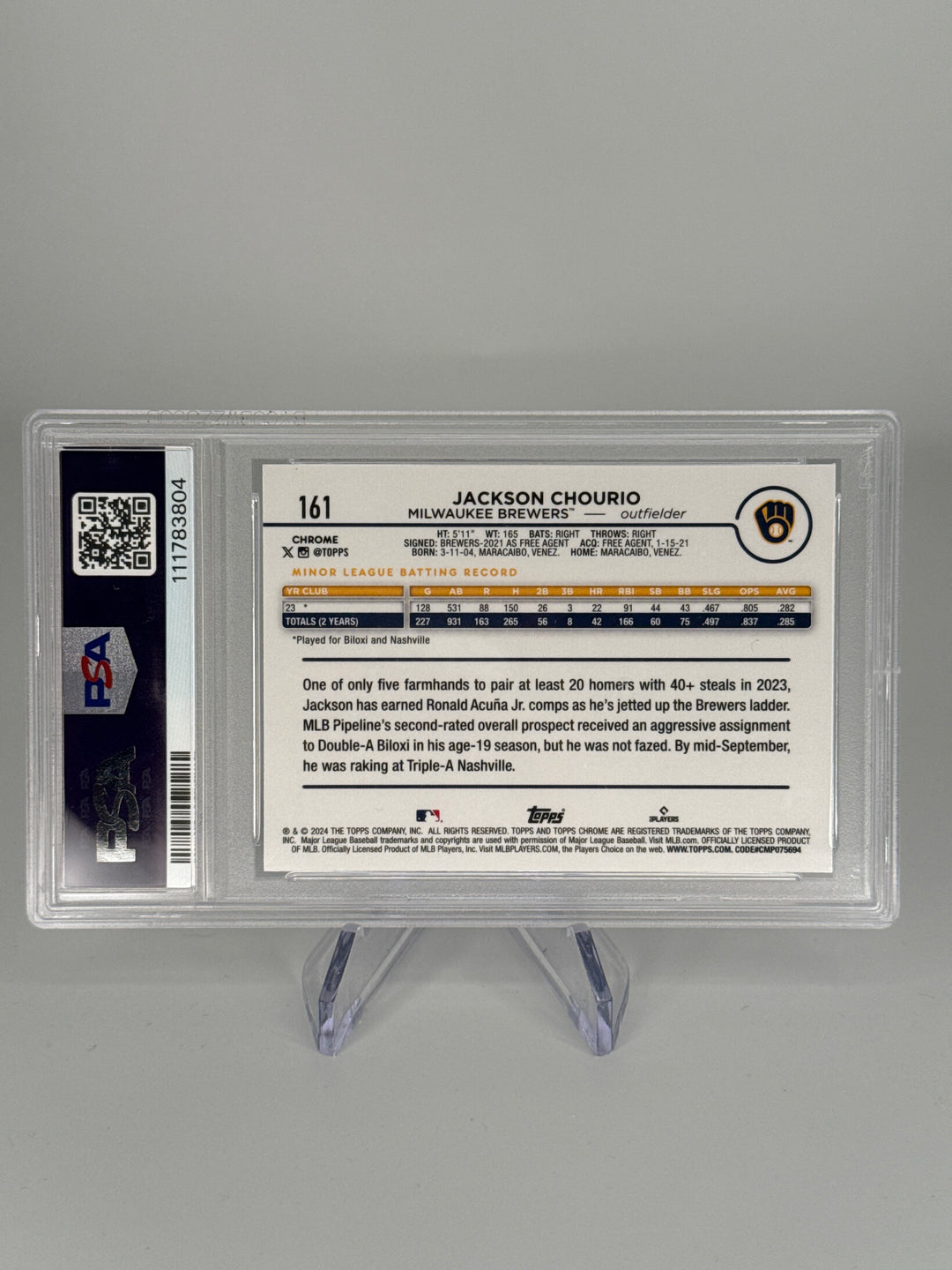 Jackson Chourio 2024 Topps Chrome Purple Refractor Rookie, 127/250, PSA 9 Mint