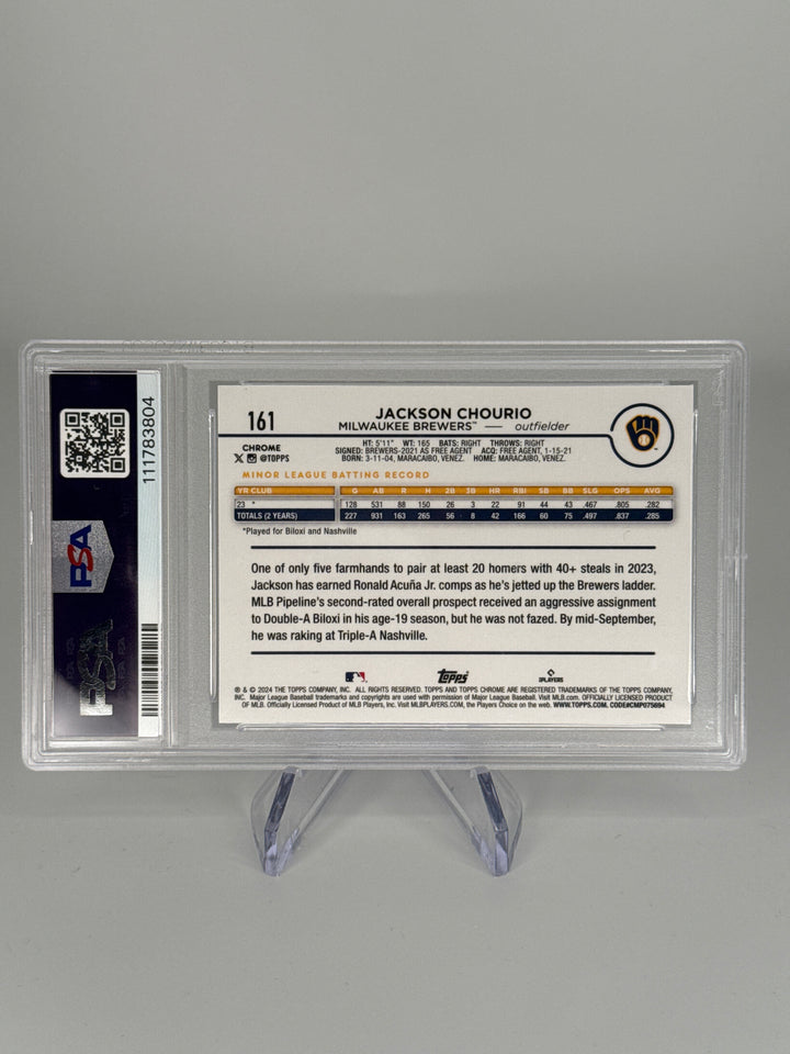 Jackson Chourio 2024 Topps Chrome Purple Refractor Rookie, 127/250, PSA 9 Mint
