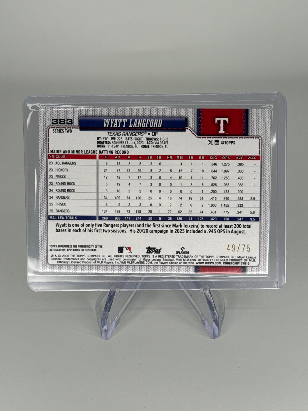 Wyatt Langford 2026 Topps Series 2 75 Anniversary Real One Auto, 49/75