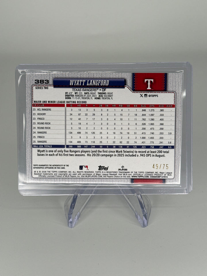 Wyatt Langford 2026 Topps Series 2 75 Anniversary Real One Auto, 49/75