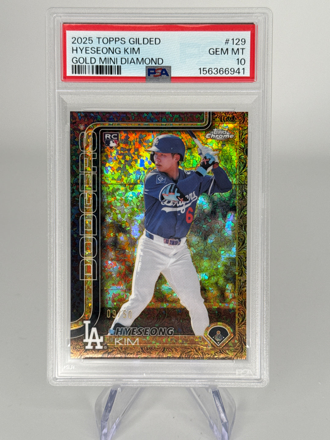 Hyeseong Kim 2025 Topps Gilded Collection Gold Mini Diamond Rookie, 09/50, PSA 10 Gem Mint