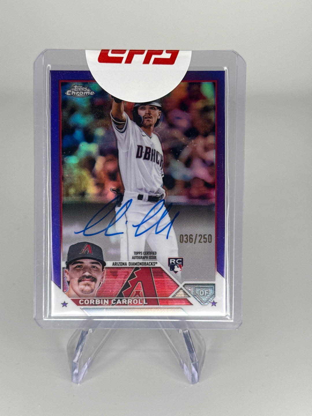 Corbin Carroll 2023 Topps Chrome Purple Refractor Rookie Auto, 036/250