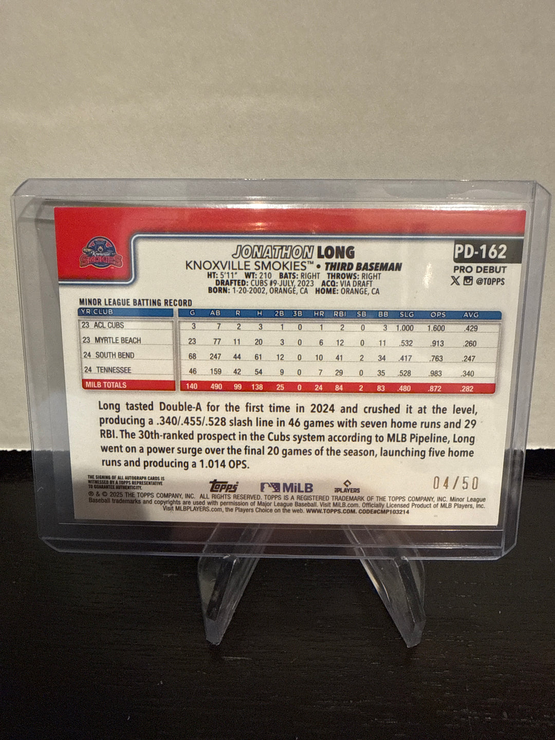 Jonathon Long 2025 Topps Pro Debut Gold Foil Auto, 04/50