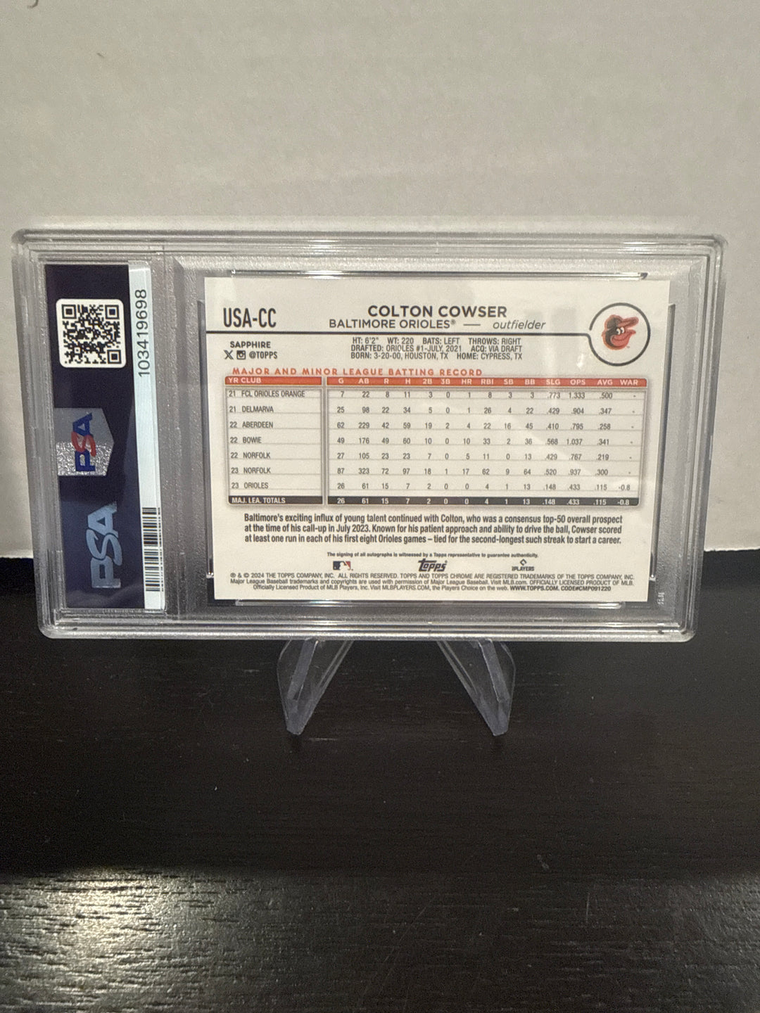 Colton Cowser 2024 Topps Chrome Sapphire Update Black Refractor Rookie Auto, 10/10, PSA 10 Gem Mint