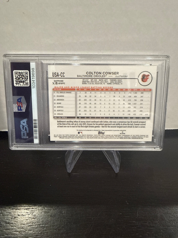 Colton Cowser 2024 Topps Chrome Sapphire Update Black Refractor Rookie Auto, 10/10, PSA 10 Gem Mint