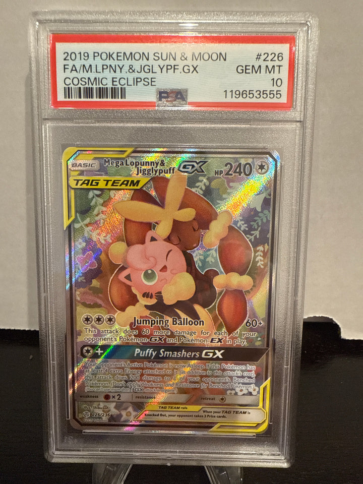 Pokemon TCG 2019 MegaLopunny & Jigglypuff GX Cosmic Eclipse, 226/236, PSA 10 Gem Mint
