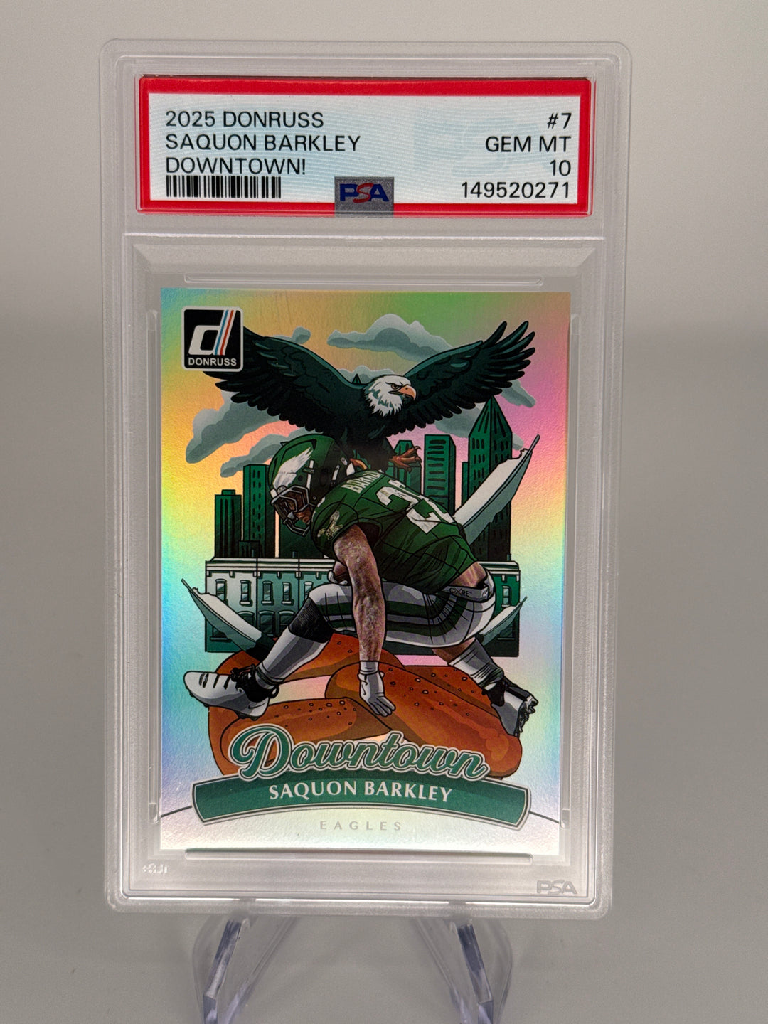 Saquon Barkley 2025 Panini Donruss Downtown SSP Case Hit, PSA 10 Gem Mint