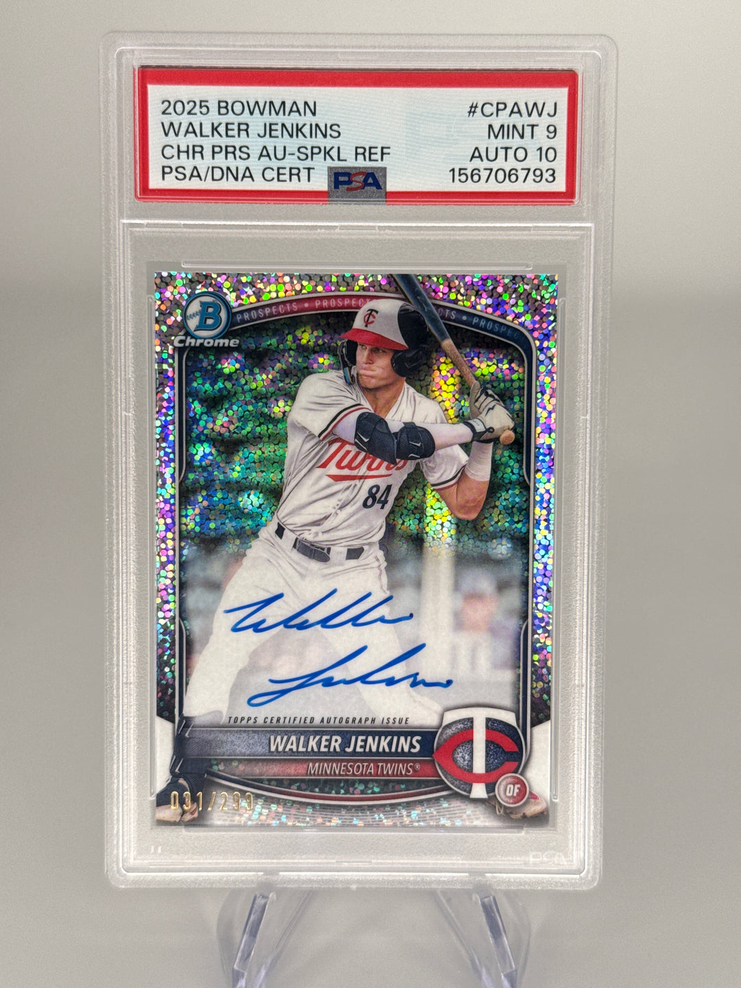Walker Jenkins 2025 Bowman Chrome Speckle Refractor Auto, 031/299, PSA 9 Mint, PSA 10 Auto