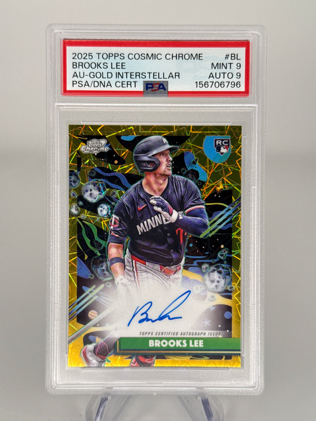 Brooks Lee 2025 Topps Cosmic Chrome Gold Interstellar Refractor Rookie Auto, 14/50, PSA 9 Mint