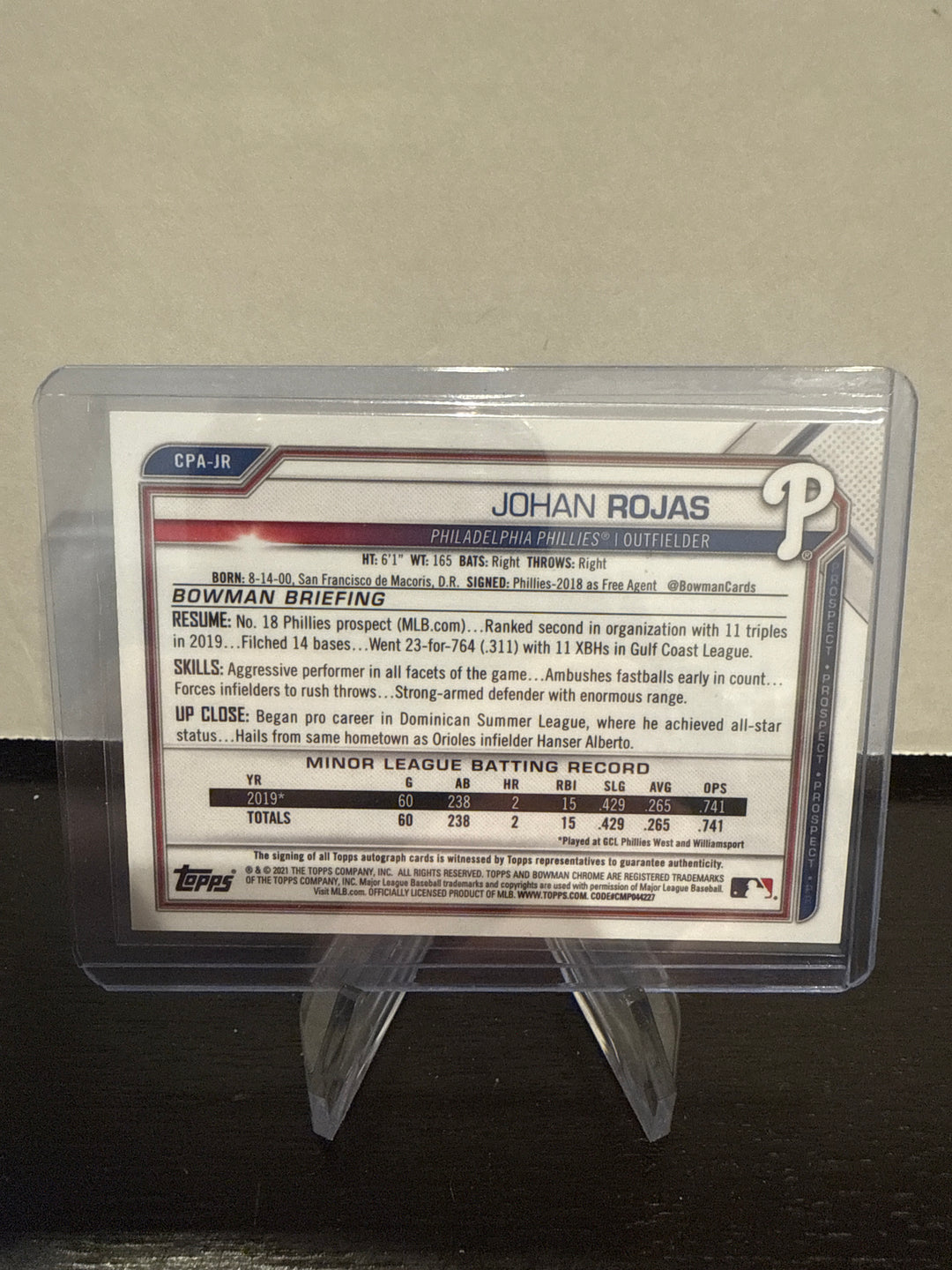 Johan Rojas 2021 Bowman Chrome 1st Speckle Refractor Auto, 048/299
