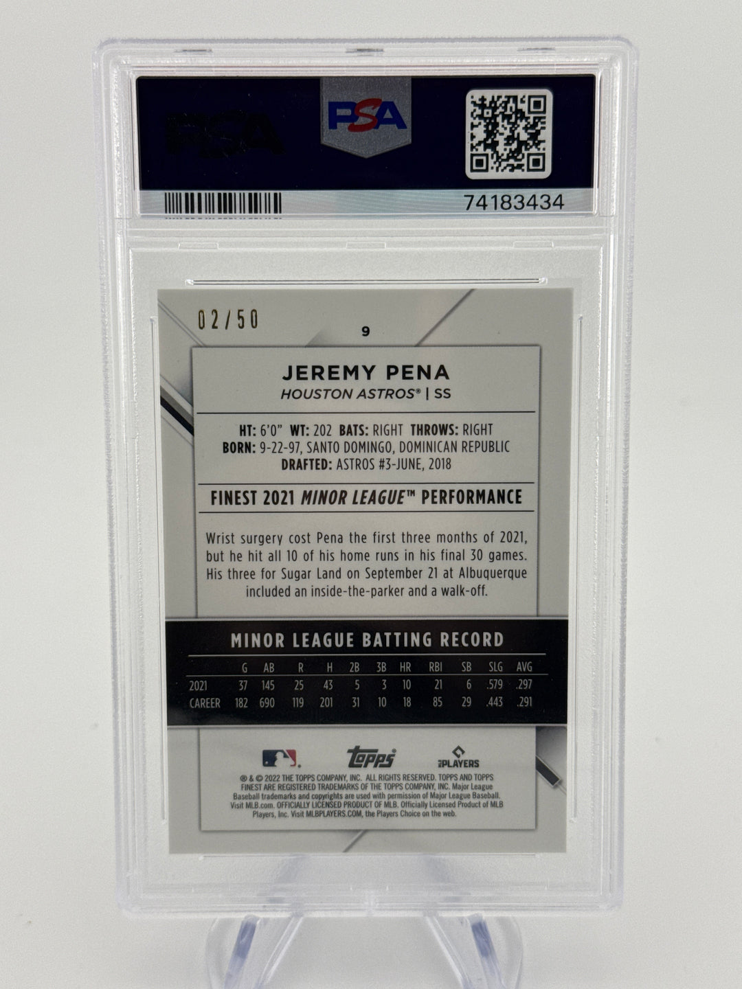 Jeremy Pena 2022 Topps Finest Gold Refractor Rookie, 02/50, PSA 10 Gem Mint