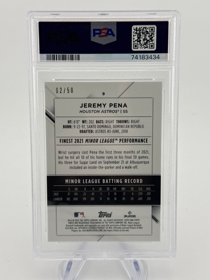 Jeremy Pena 2022 Topps Finest Gold Refractor Rookie, 02/50, PSA 10 Gem Mint