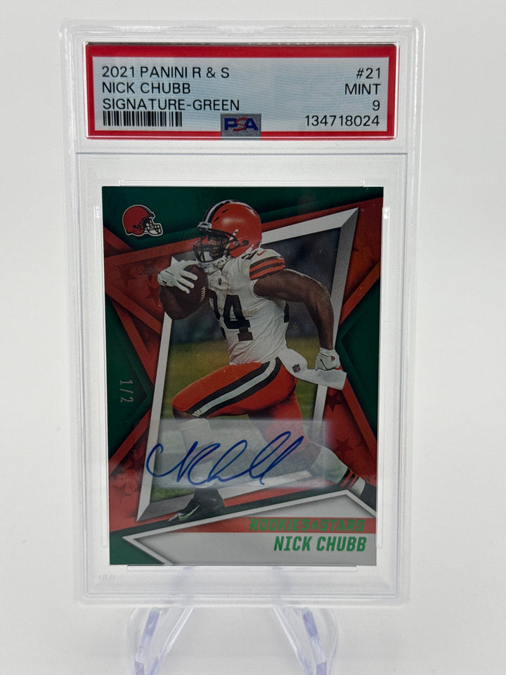 Nick Chubb 2021 Panini Rookies & Stars Green Auto, 1/2, PSA 9 Mint