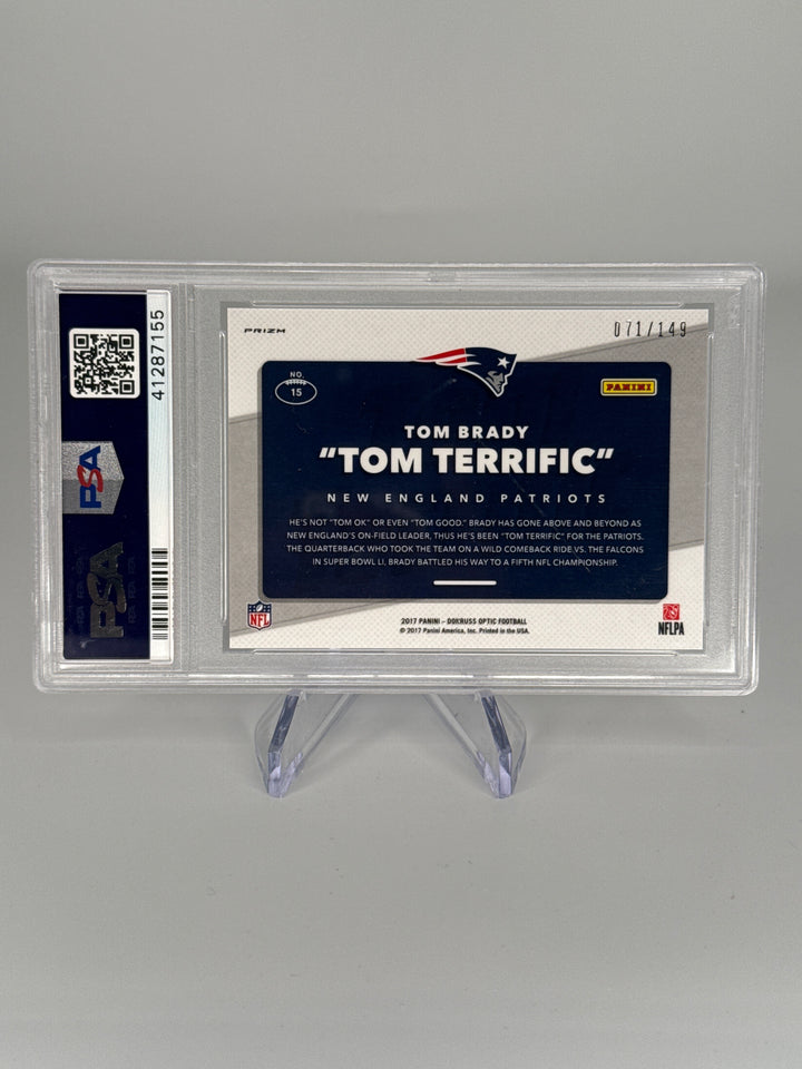Tom Brady 2017 Panini Donruss Optic Tom Terrific Blue Prizm, 071/149, PSA 10 Gem Mint