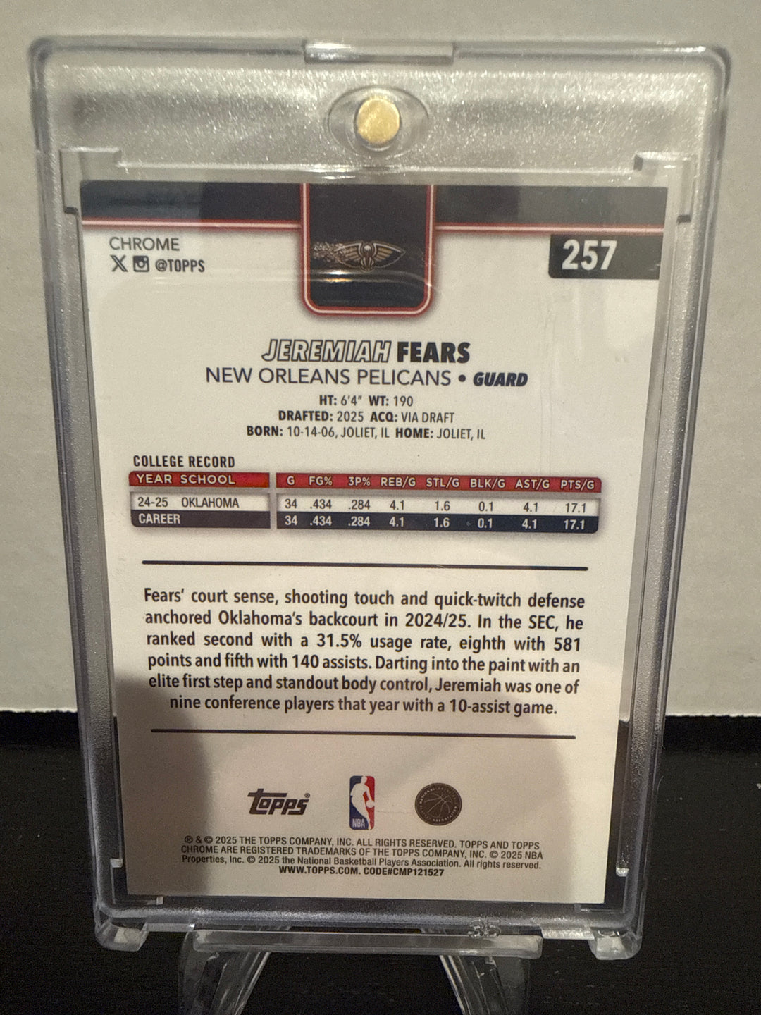 Jeremiah Fears 2025 Topps Chrome Gold Pulsar Rookie, 42/50