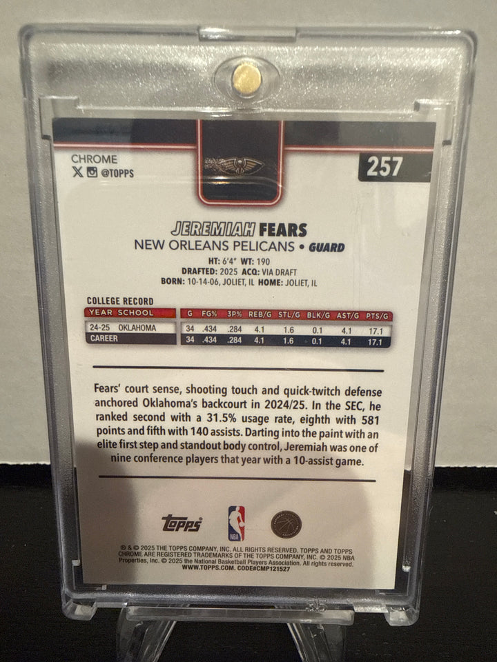 Jeremiah Fears 2025 Topps Chrome Gold Pulsar Rookie, 42/50