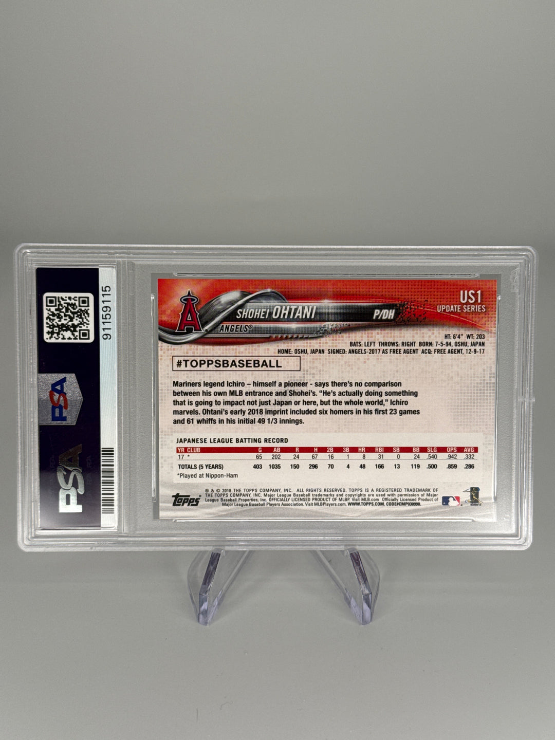 Shohei Ohtani 2018 Topps Update Pitching in Red Jersey Rookie, PSA 10 Gem Mint