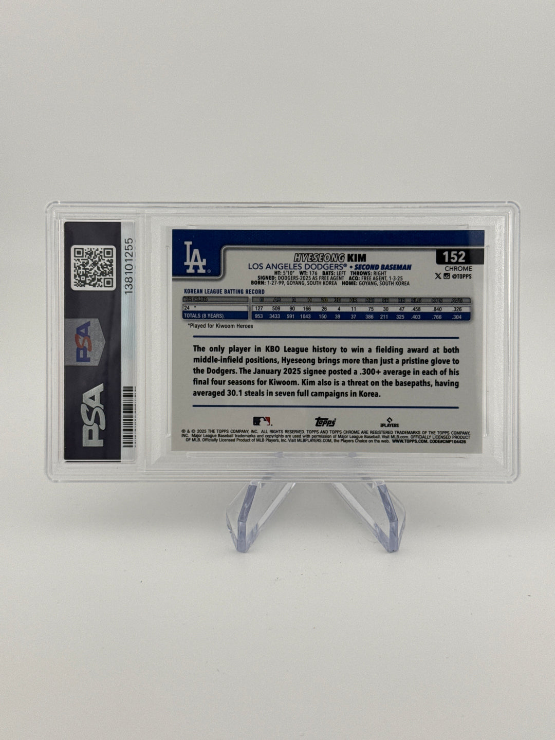 Hyeseong Kim 2025 Topps Chrome Logofractor Orange Refractor Rookie, 16/25, PSA 10 Gem Mint