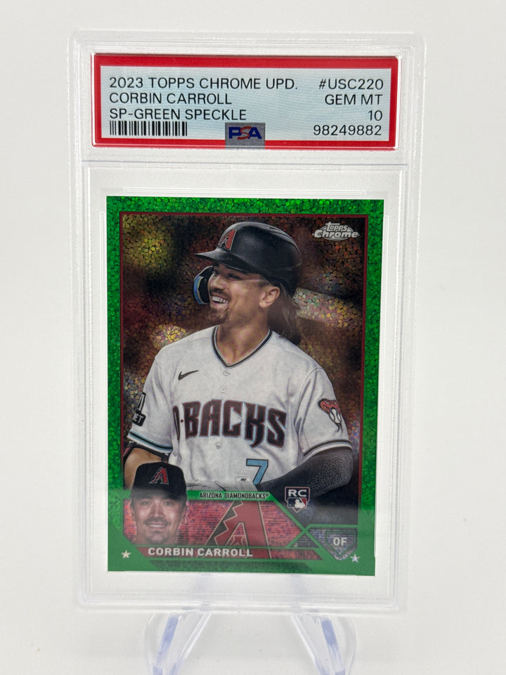 Corbin Carroll 2023 Topps Chrome Update Green Speckle Rookie, 72/99, PSA 10 Gem Mint