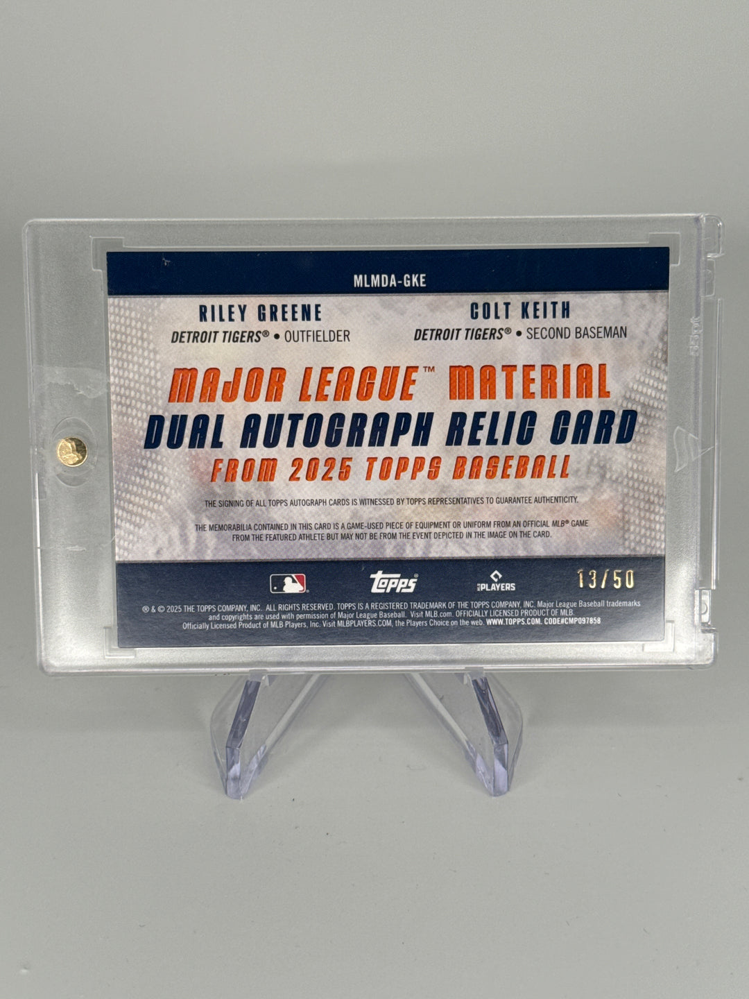 Riley Greene/Colt Keith 2025 Topps Major League Material Auto Relic, 13/50