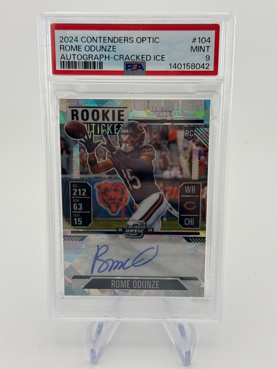 Rome Odunze 2024 Panini Contedners Cracked Ice Rookie Ticket Auto, 02/22, PSA 9 Mint