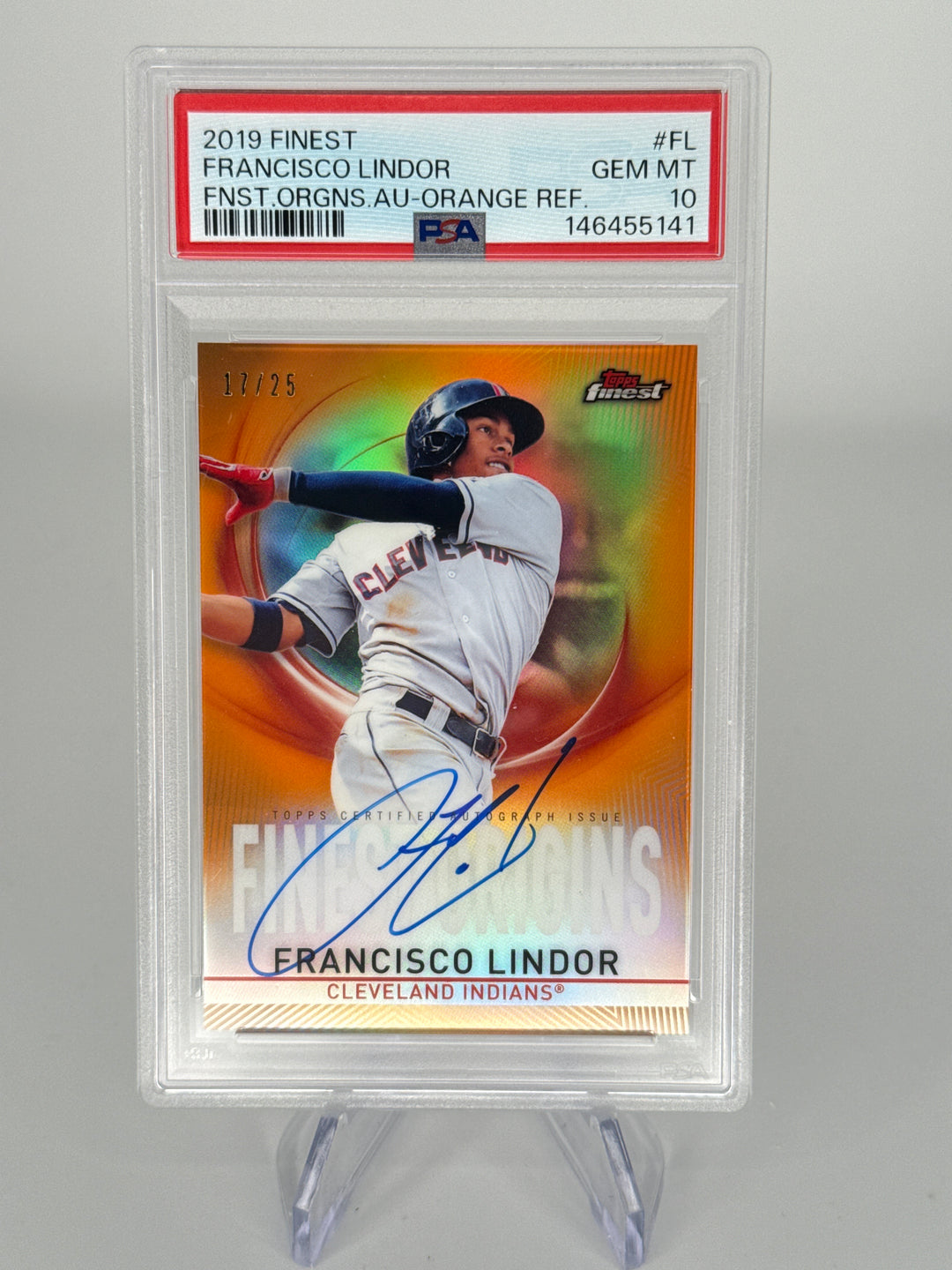 Francisco Lindor 2019 Topps Finest Origins Orange Refractor Auto, 07/25, PSA 10 Gem Mint