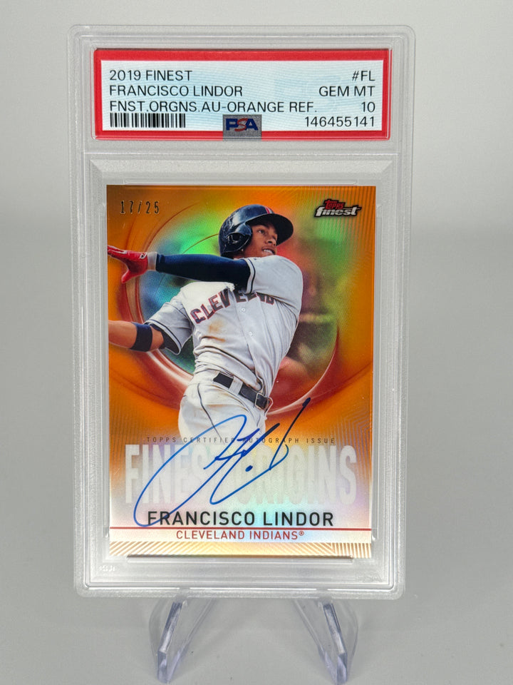 Francisco Lindor 2019 Topps Finest Origins Orange Refractor Auto, 07/25, PSA 10 Gem Mint