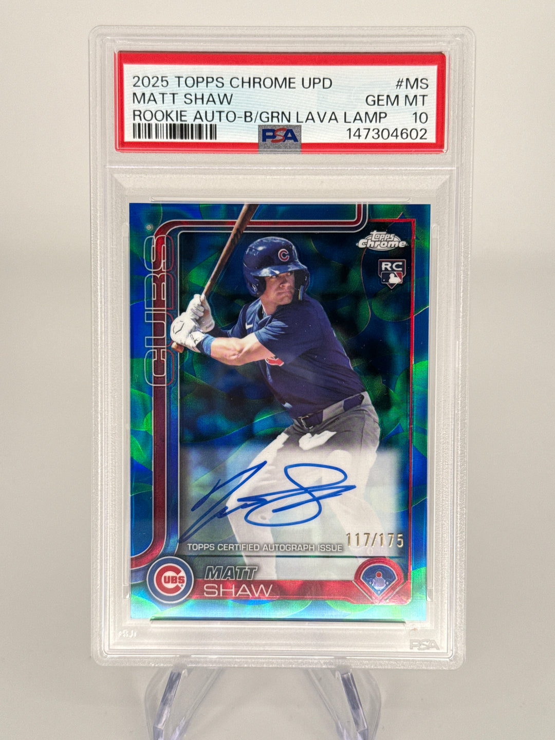 Matt Shaw 2025 Topps Chrome Update Lava Lamp Rookie Auto, 117/175, PSA 10 Gem Mint