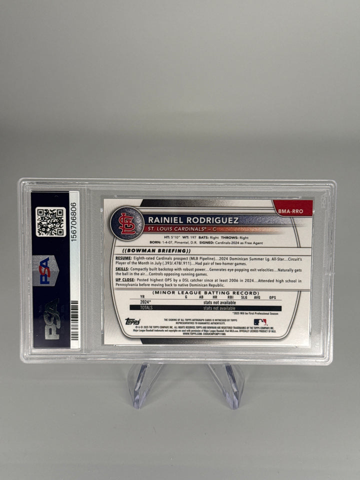 Rainiel Rodriguez 2025 Bowman Chrome Mega Box Blue Refractor Prospect Auto, 055/150, PSA 9 Mint, PSA 10 Auto