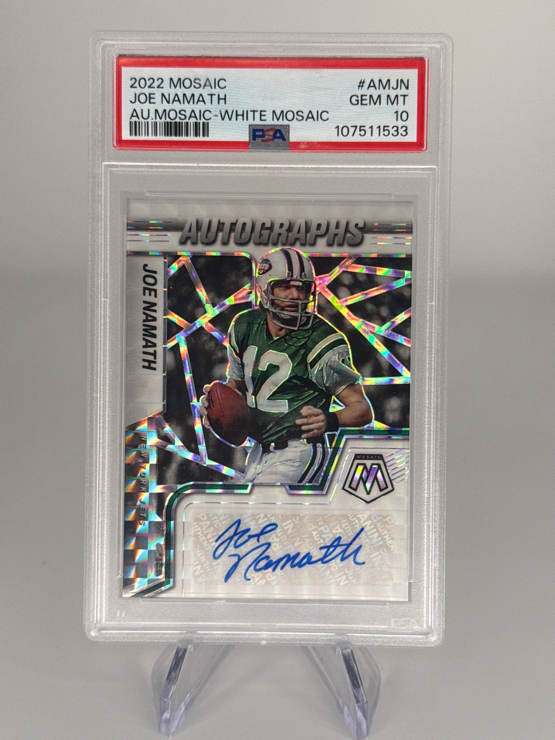 Joe Namath 2022 Panini Mosaic White Mosaic Auto, 08/25, PSA 10 Gem Mint