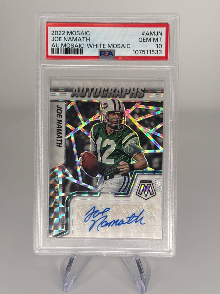 Joe Namath 2022 Panini Mosaic White Mosaic Auto, 08/25, PSA 10 Gem Mint