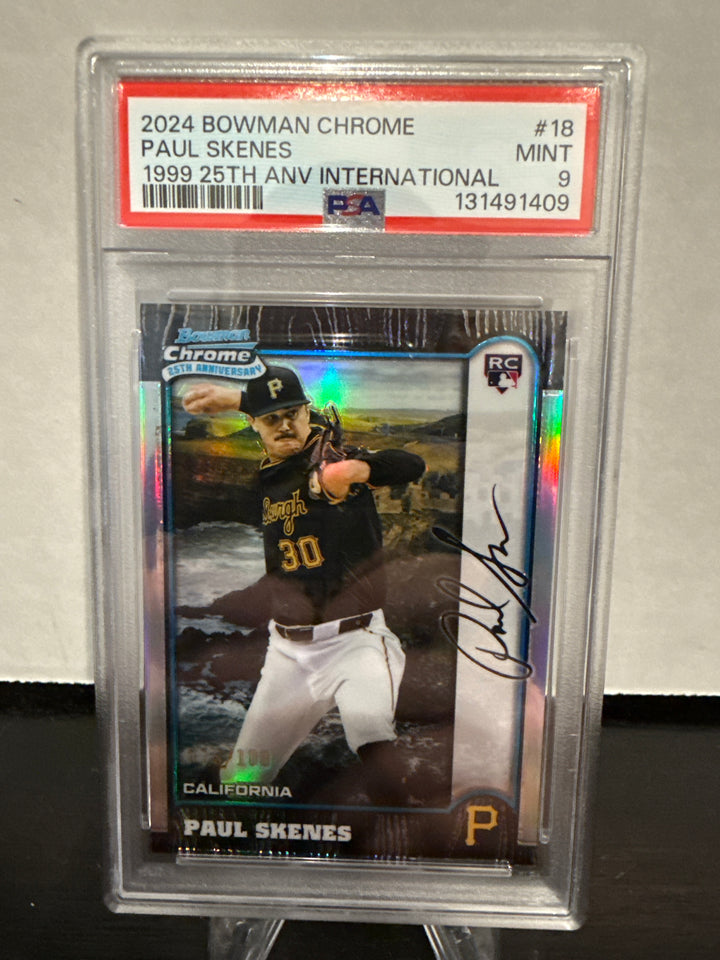 Paul Skenes 2024 Bowman Chrome 1999 25th Anniversary International Rookie, 076/100, PSA 9 Mint