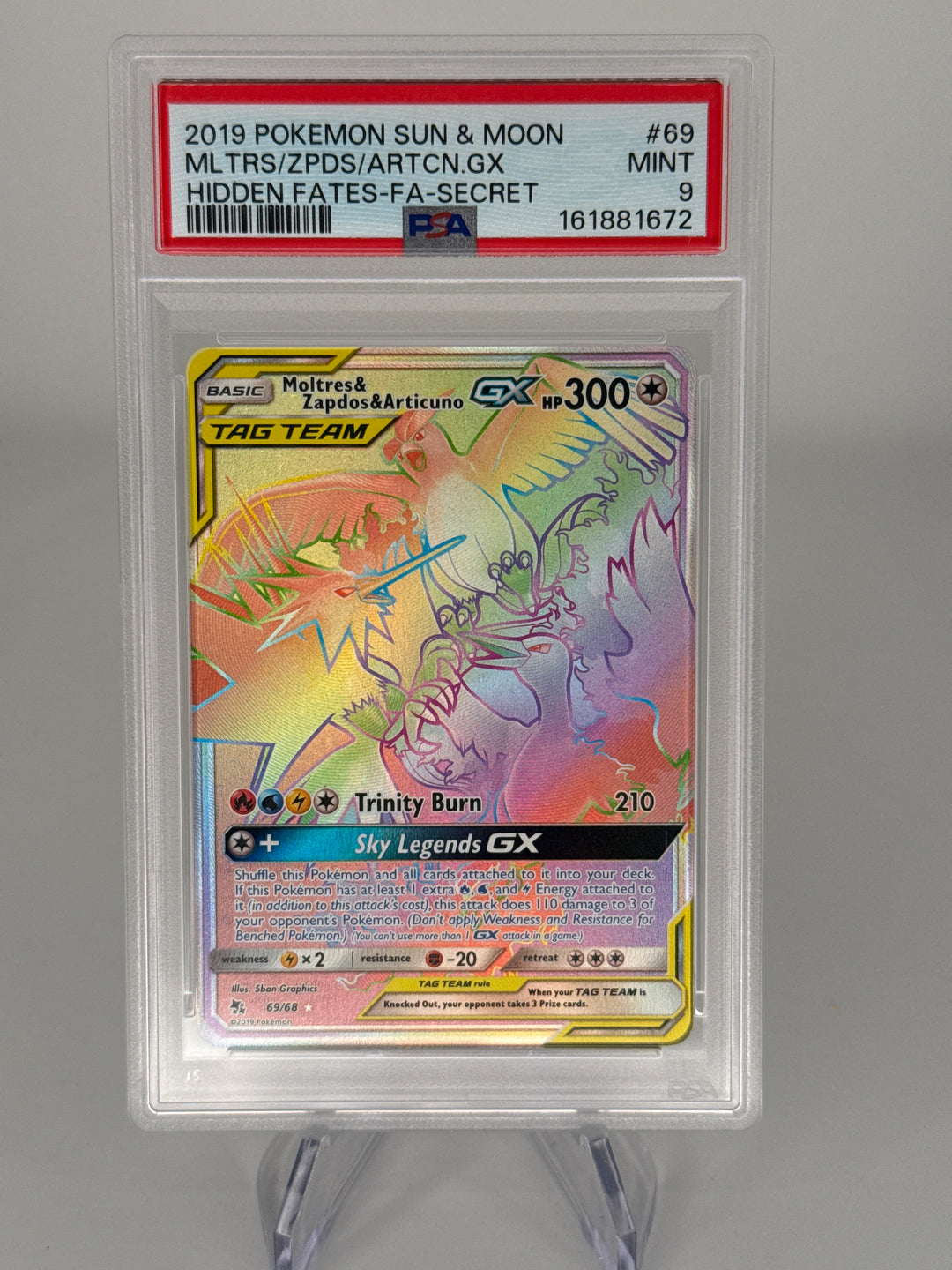 Pokemon TCG 2019 Moltres & Zapdos & Articuno-GX Hidden Fates Rare Rainbow Holo, 69/68