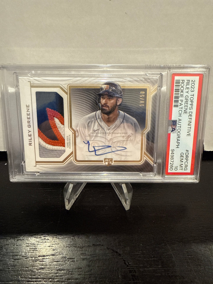 Riley Greene 2023 Topps Definitive Collection Rookie Patch Auto, 18/50, PSA 10 Gem Mint