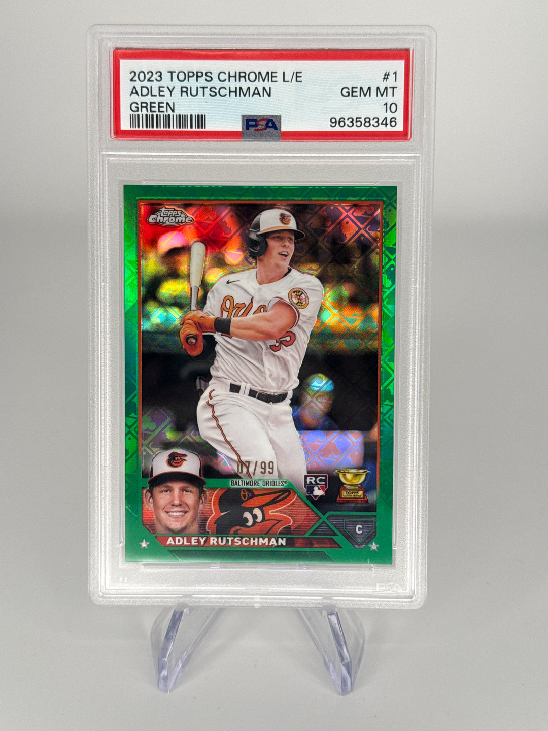 Adley Rutschman 2023 Topps Chrome Logofractor Green Rookie, 07/99, PSA 10 Gem Mint
