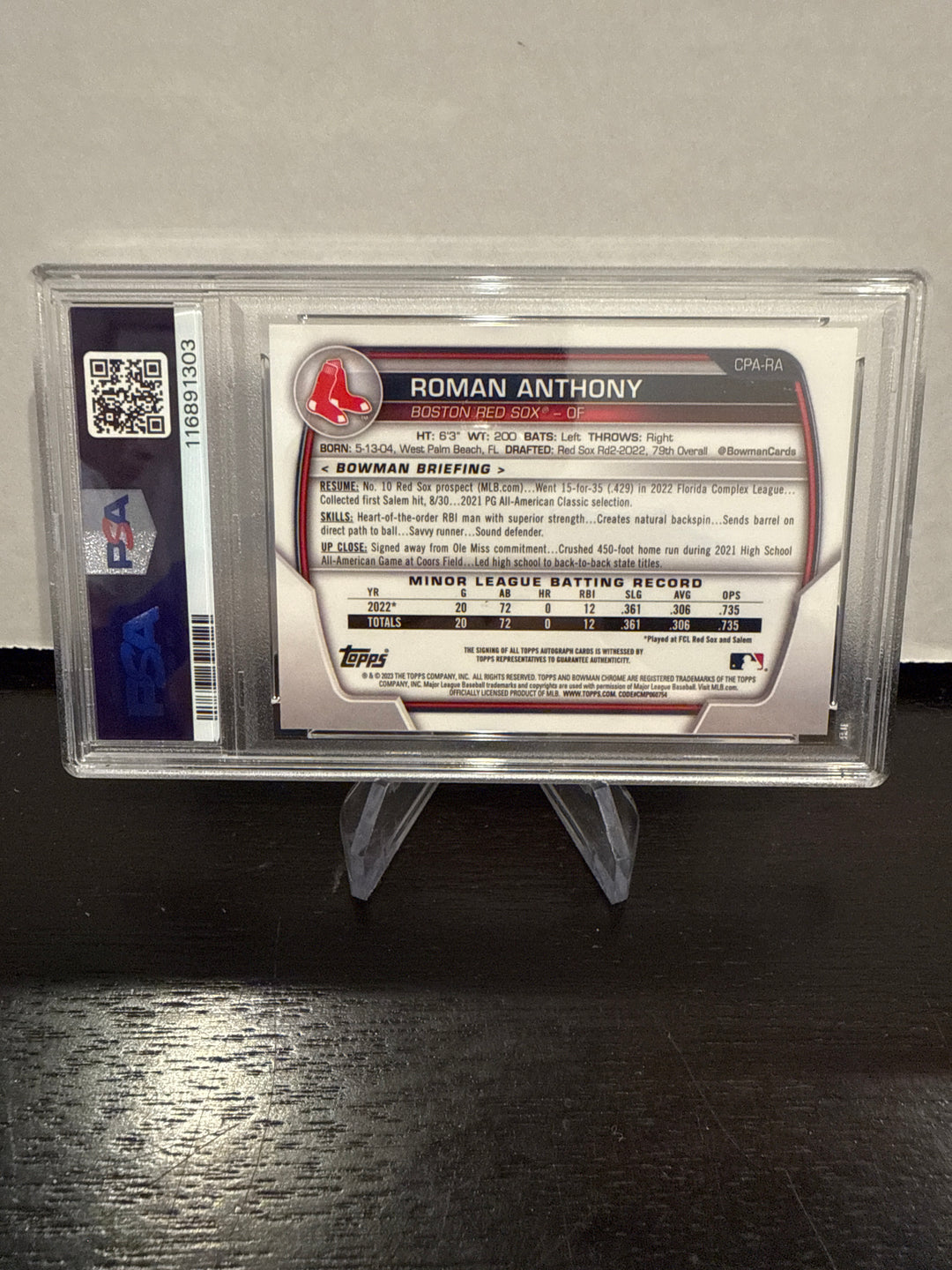 Roman Anthony 2023 Bowman Chrome Prospect Auto Green, 05/99, PSA 10 Gem Mint