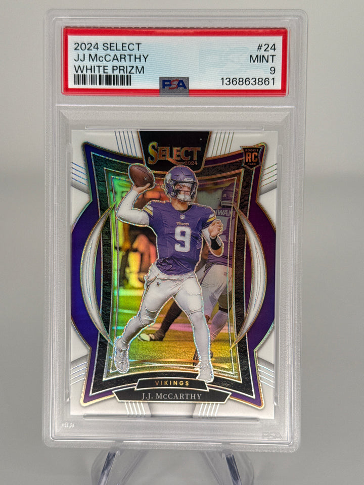 JJ McCarthy 2024 Panini Select White Prizm Rookie, 14/35, PSA 9 Mint