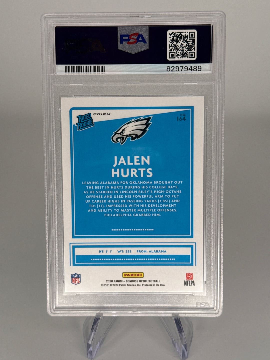 Jalen Hurts 2020 Panini Donruss Optic Purple Shock Rookie, PSA 9 Mint