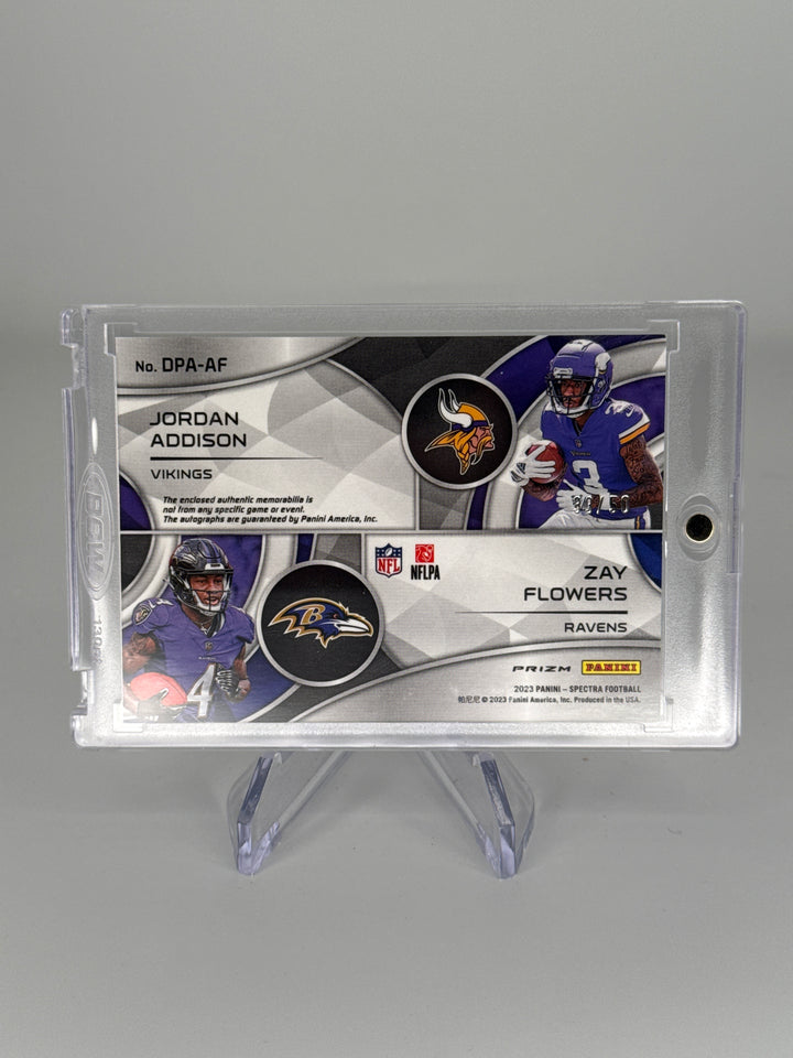 Jordan Addison/Zay Flowers 2023 Panini Spectra Dual Rookie Patch Auto Hyper, 33/50