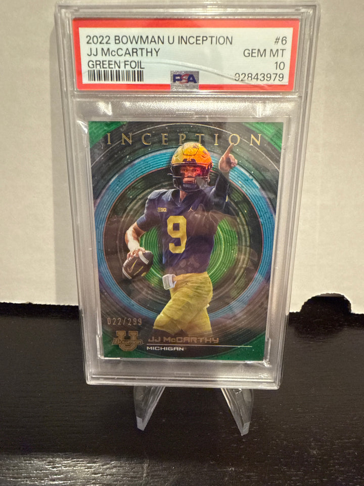 JJ McCarthy 2022 Bowman University Inception Green Foil, 022/299, PSA 10 Gem Mint