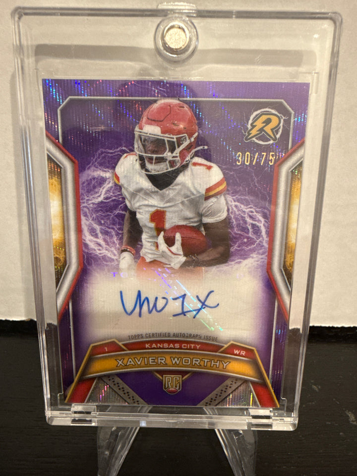 Xavier Worthy 2025 Topps Resurgence Purple Rookie Auto, 30/75