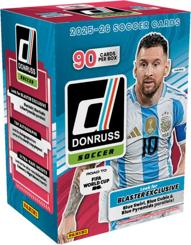 A box of 2025-2026 Panini Donruss Road To FIFA World Cup soccer cards with 90 cards in the box on a white background.