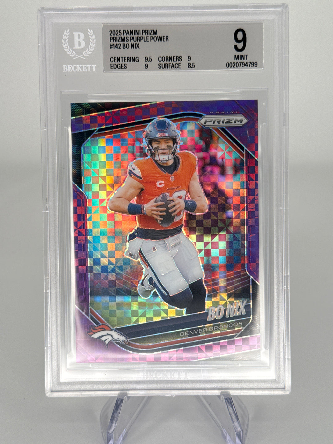 Bo Nix 2025 Panini Prizm Purple Power Prizm, 07/49, BGS 9 Mint