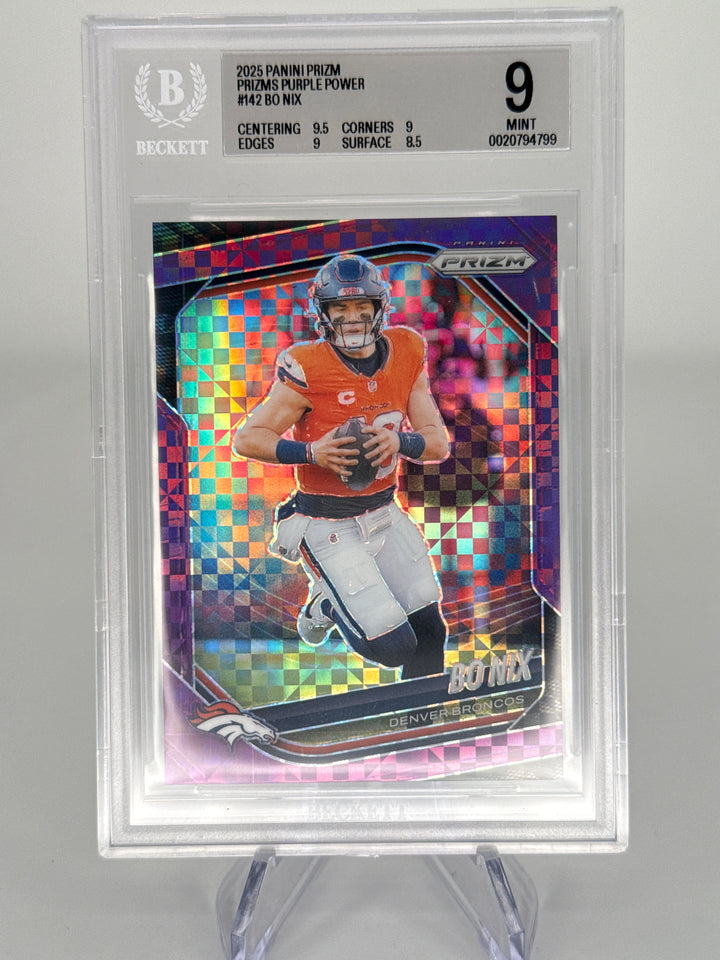 Bo Nix 2025 Panini Prizm Purple Power Prizm, 07/49, BGS 9 Mint
