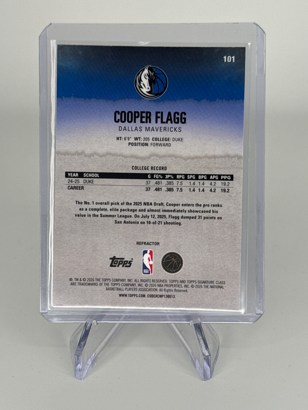 Cooper Flagg 2025 Topps Signature Class Chrome Rookie Refractor