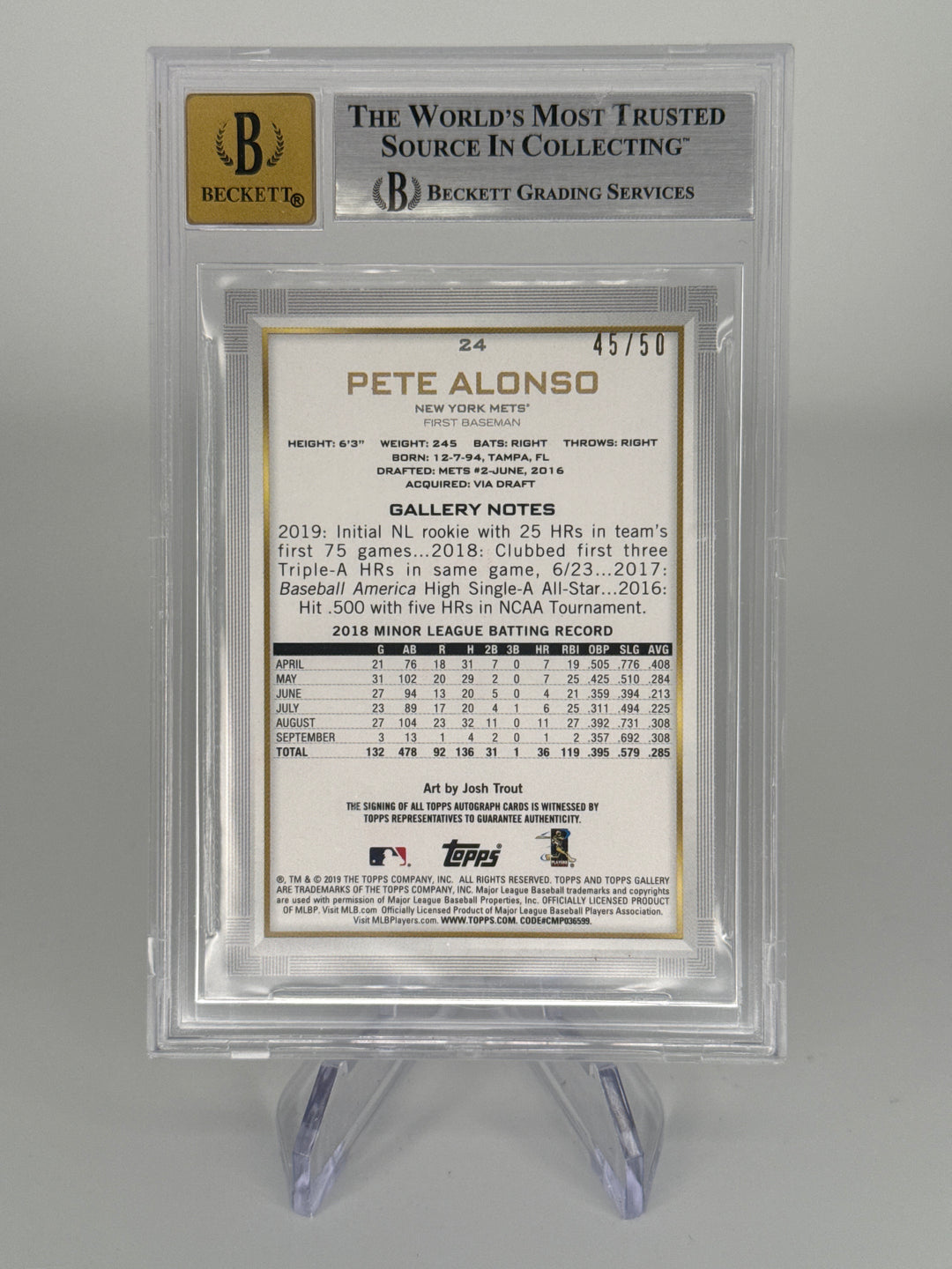 Pete Alonso 2019 Topps Gallery Rookie Auto Blue, 45/50, BGS 9 Mint, BGS 10 Auto