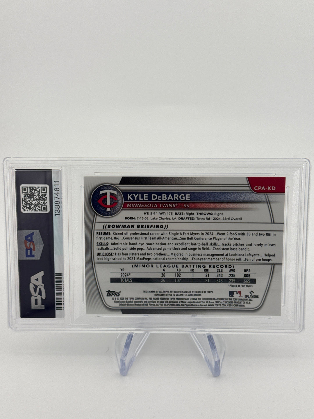 Kyle DeBarge 2025 Bowman Chrome Prospects Green Reptilian 1st Auto, 74/99, PSA 9 Mint